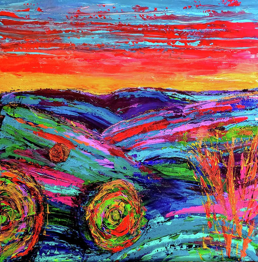 Sunset Hay Bales Painting by Kiki Curtis