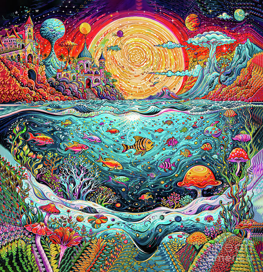Sunset in a fantastic ideal world on the ocean shore with fish Digital Art by Elena Gantchikova Sunset in a fantastic ideal world on the ocean shore with fish Digital Art by Elena Gantchikova