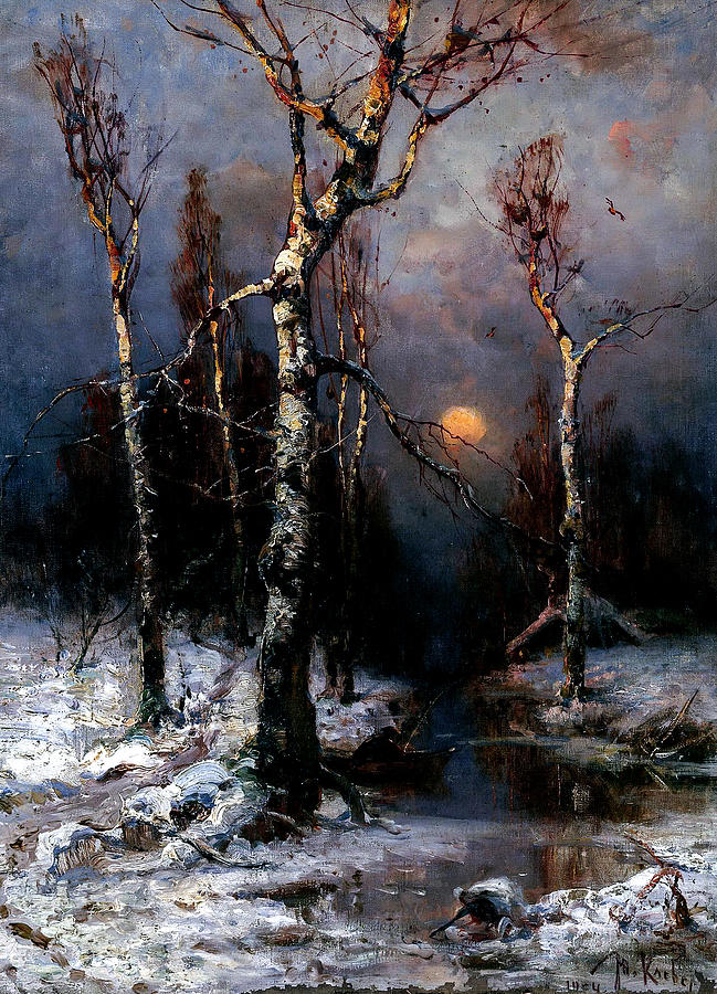 Sunset in a Winter Forest  Julius von Klever 1904 Painting by Artistic Rifki