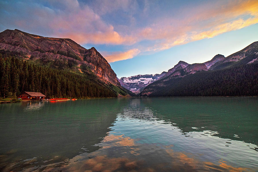 Sunset in Lake Louise Banff National Park Boat House Red Sky Photograph by Toby McGuire