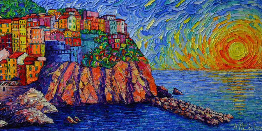SUNSET IN MANAROLA CINQUE TERRE ITALY textural impasto palette knife oil painting Ana Maria Edulescu Painting by Ana Maria Edulescu