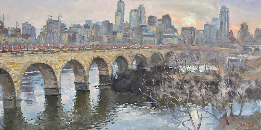 Sunset in Minneapolis  Painting by Ylli Haruni