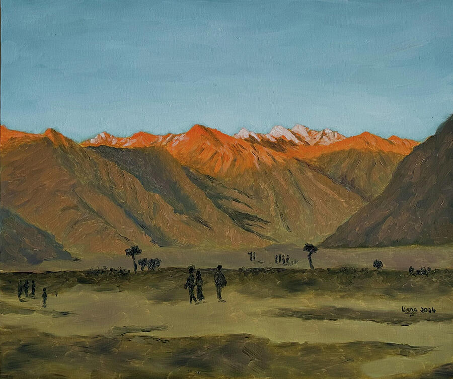 Sunset in Nubra Valley Painting by Uma Krishnamoorthy