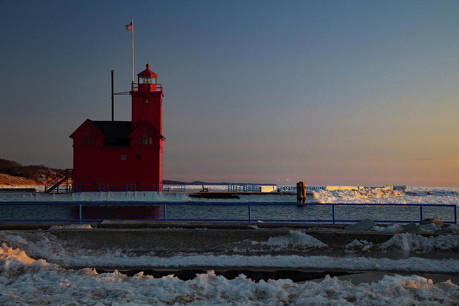 Sunset in winter of the Holland Michigan Lighthouse Photograph by Eldon McGraw