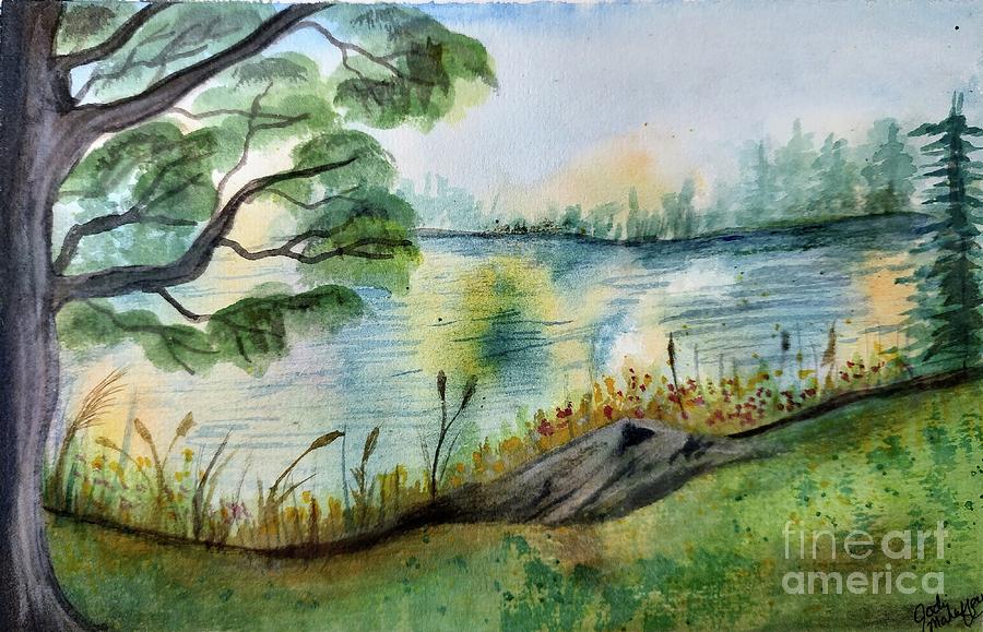 Lake Sunset Painting, Blue Landscape Watercolor Painting, Or