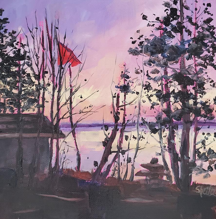 Sunset Lakeside Painting by Sheila Romard