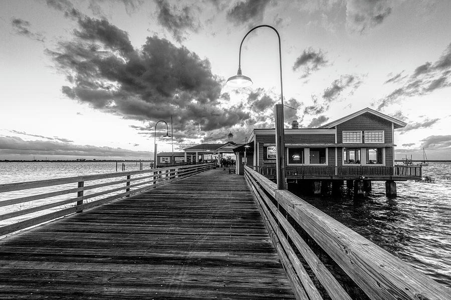 Sunset Lights at the Dock Black and White Jekyll Island Photograph by Debra and Dave Vanderlaan