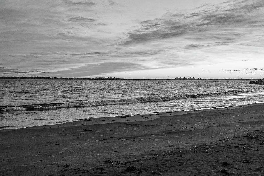 Sunset on Fishermans Beach Swampscott Massachusetts Boston Skyline Black and White Photograph by Toby McGuire