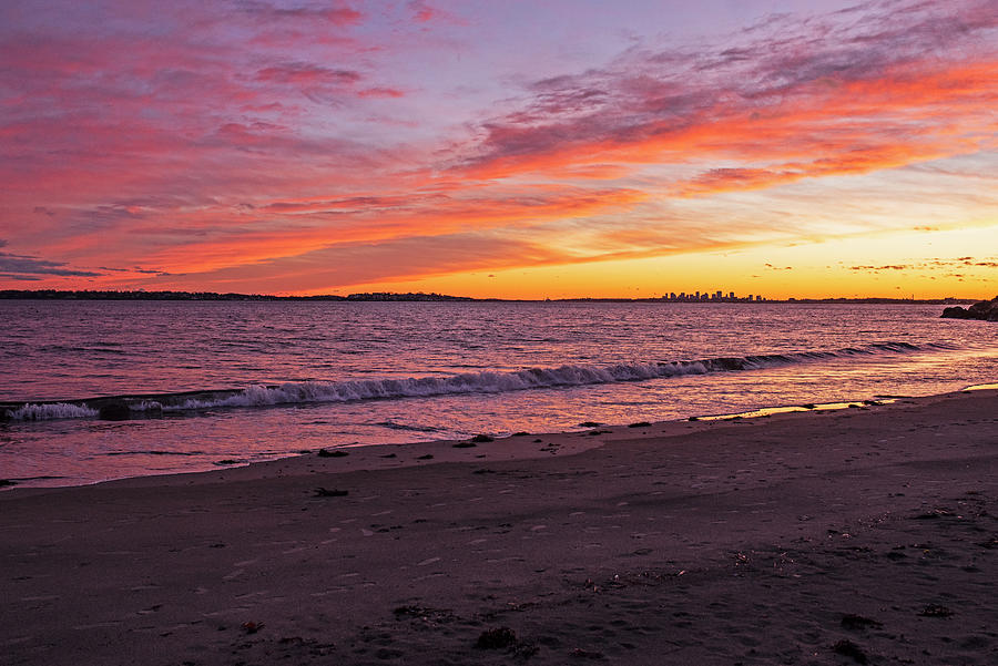 Sunset on Fishermans Beach Swampscott Massachusetts Boston Skyline Photograph by Toby McGuire