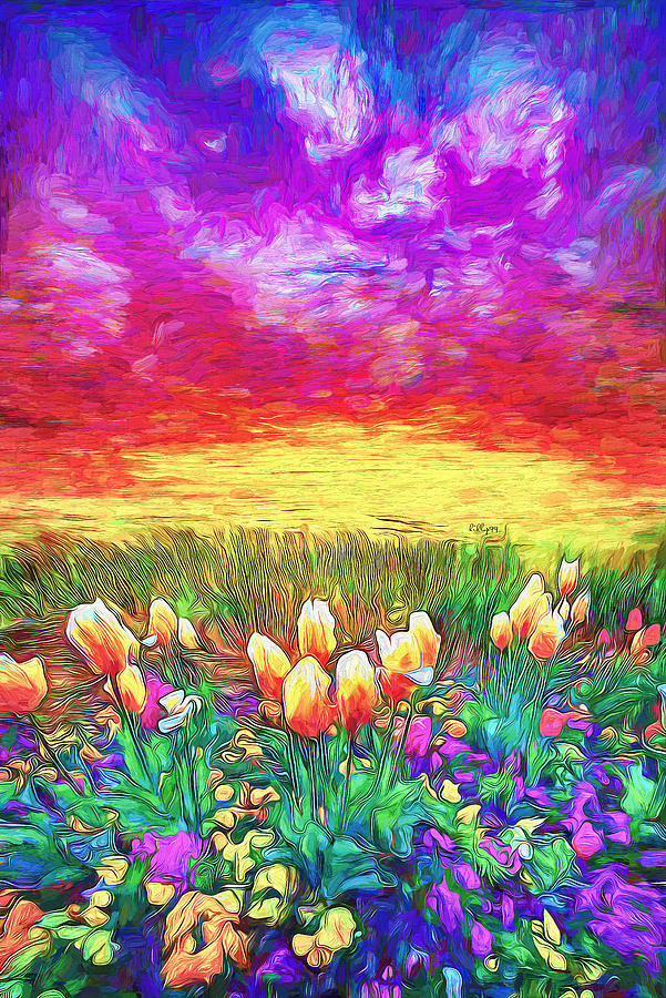 sunset flower field painting