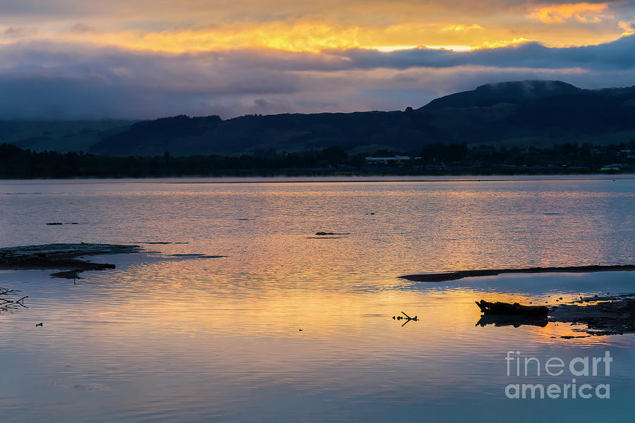 Sunset on Lake Rotorua, New Zealand Photograph by Elaine Teague