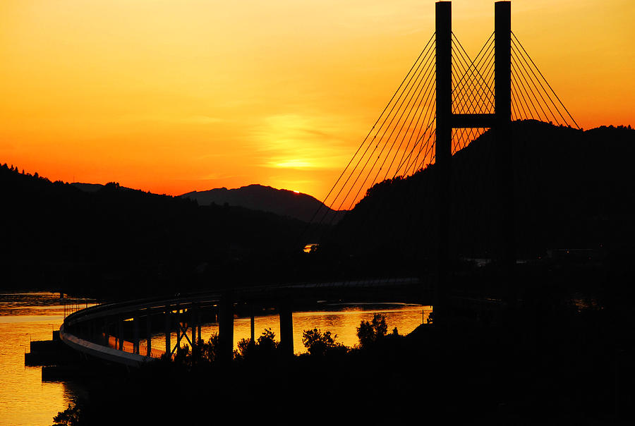 Sunset on Nordhordlands Bridge neat Bergen, western Norway, Scandnavia Photograph by Jean-Philippe Tournut
