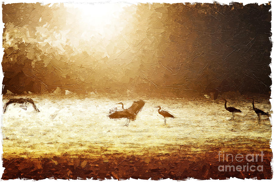 Sunset Painting - Sunset on pond with heron bird oil by Gregory DUBUS