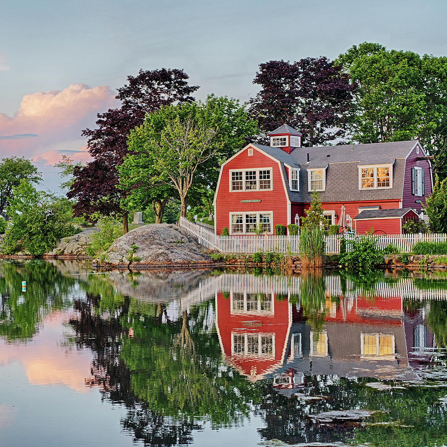 Sunset on Redds Pond Marblehead Ma red clouds Square Photograph by Toby McGuire