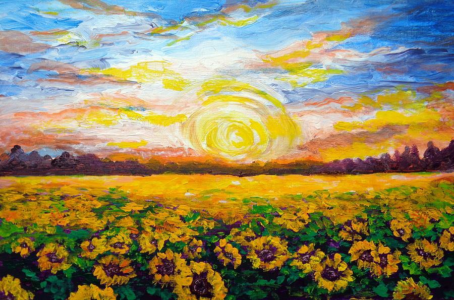 Sunset on Sunflowers Painting by Sarah Hornsby