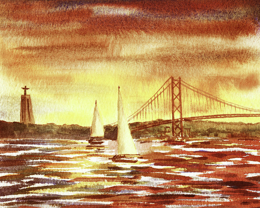 Sunset On Tagus River Lisbon Portugal Bridge Twenty Fifth Of April Two Boats Regatta  Painting by Irina Sztukowski