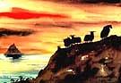 Sunset on Teracht and Skeilig Painting by Val Byrne