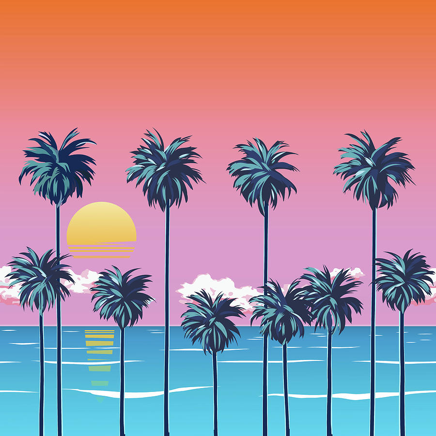 Sunset Drawing - Sunset on the beach with palm trees, turquoise ocean and orange sky with clouds. Sun over the horizon. Tropical Surfing beach. by Julien