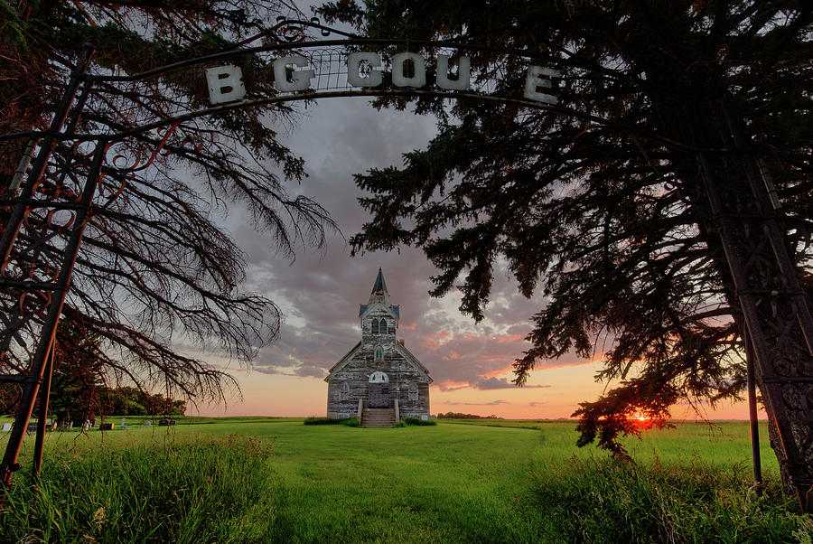 Sunset on the Big Coulee #2 Church - Abandoned Rural ND Lutheran church Photograph by Peter Herman