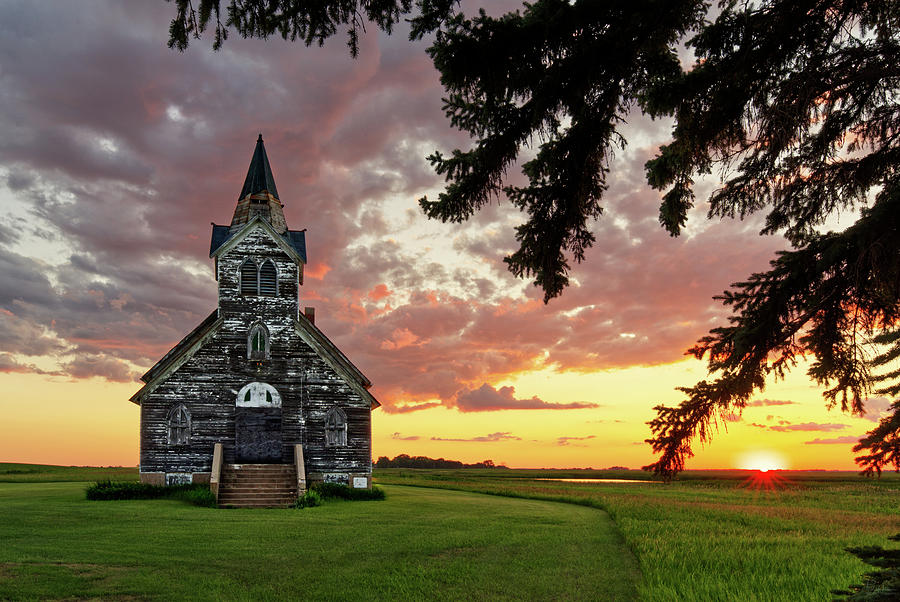 Sunset on the Big Coulee #3 Church - Abandoned Rural ND Lutheran church Photograph by Peter Herman