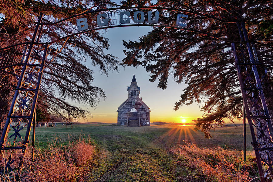 Sunset on the Big Coulee Church - Abandoned Rural ND Lutheran church Photograph by Peter Herman