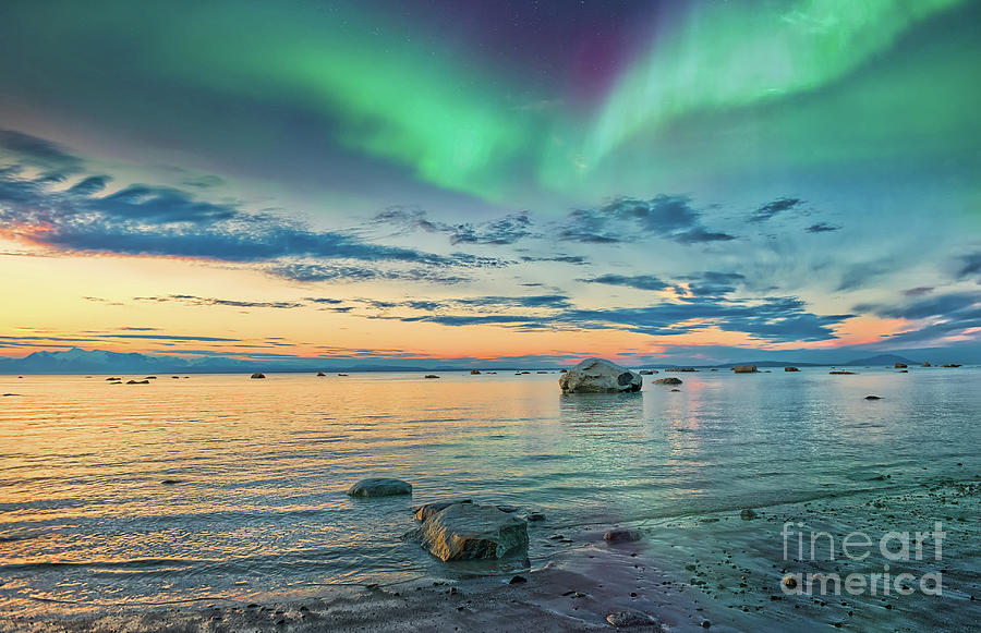 Sunset on the Cook Inlet in Alaska with the Northern Lights Photograph by Patrick Wolf