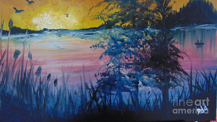 Sunset on the Lake Painting by Saundra Johnson