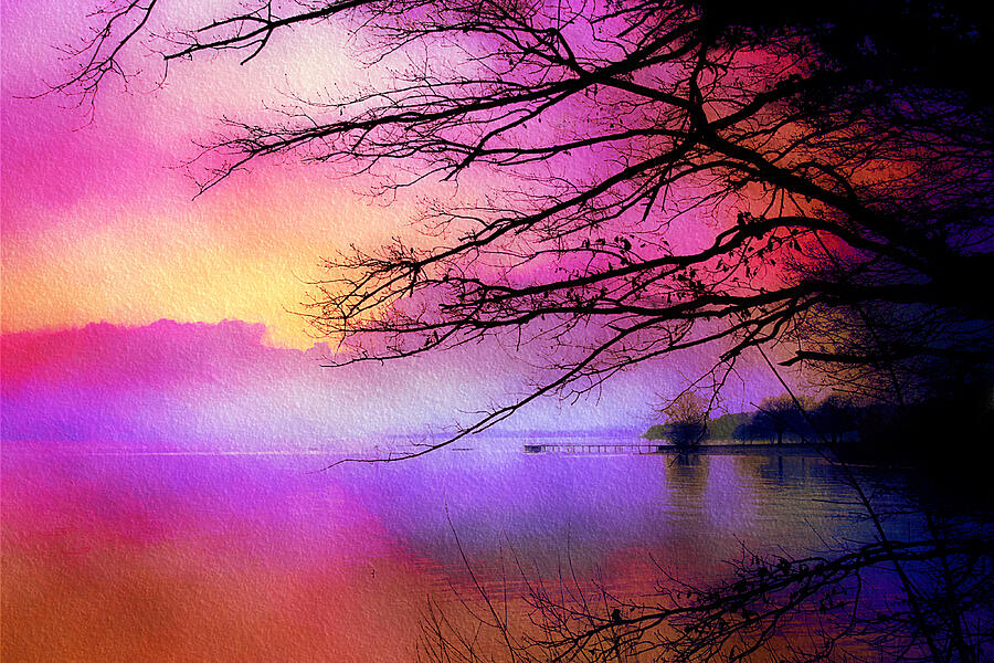 Sunset on the lake Mixed Media by Tatiana Travelways