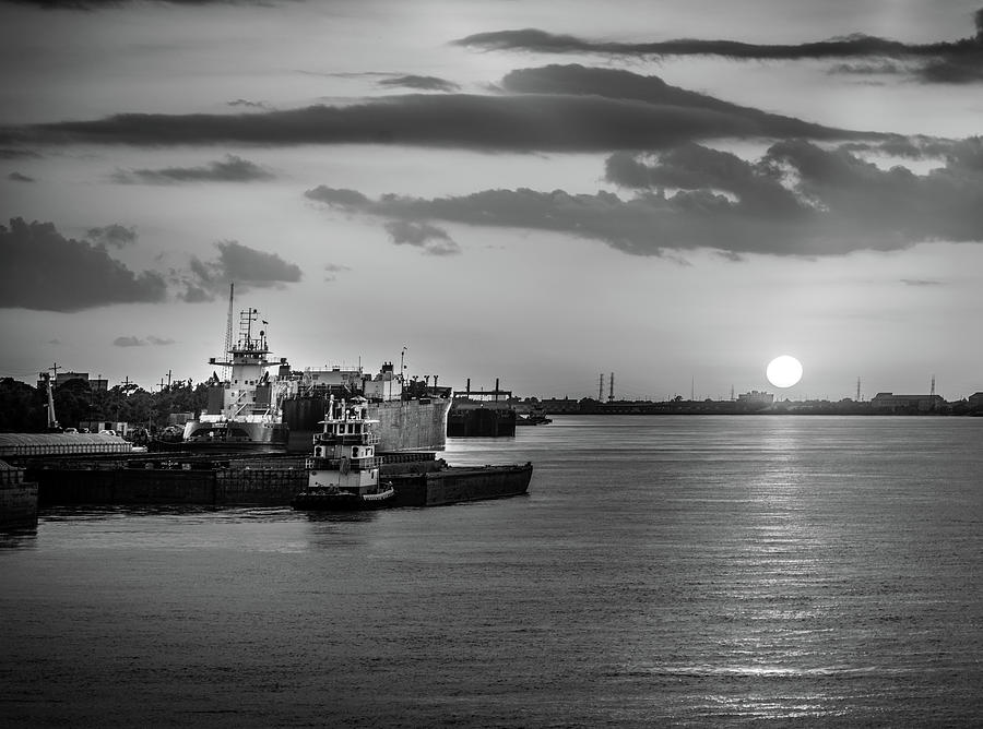 Sunset On The Mississippi River In Black and White Photograph by Greg and Chrystal Mimbs