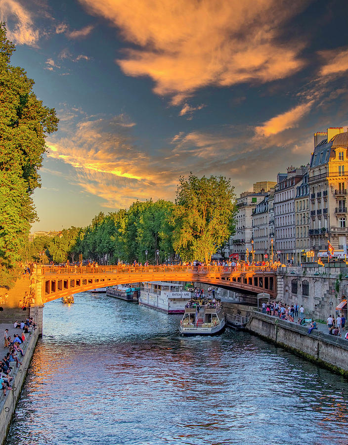 Sunset on the River Seine, Vertical Photograph by Marcy Wielfaert