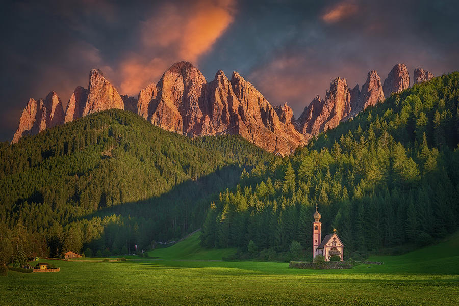 Sunset on The Tiny Solitary Church in the Magnificent Dolomite Mountains Photograph by Celia Zhen