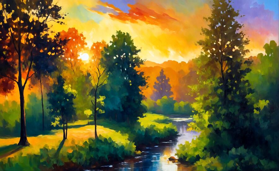 Sunset over a meandering creek surrounded by trees - digital painting Digital Art by Nicko Prints Sunset over a meandering creek surrounded by trees - digital painting Digital Art by Nicko Prints