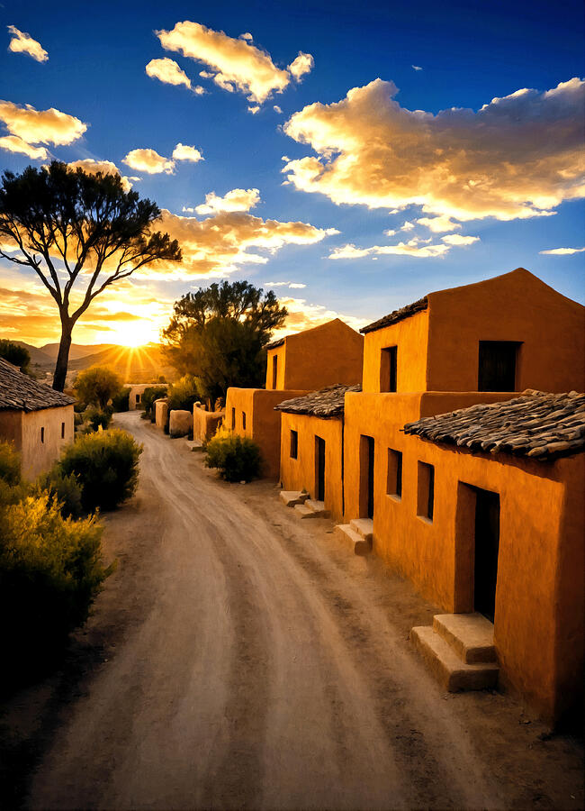 Sunset over a street in a village of adobe houses - digital painting Digital Art by Nicko Prints Sunset over a street in a village of adobe houses - digital painting Digital Art by Nicko Prints