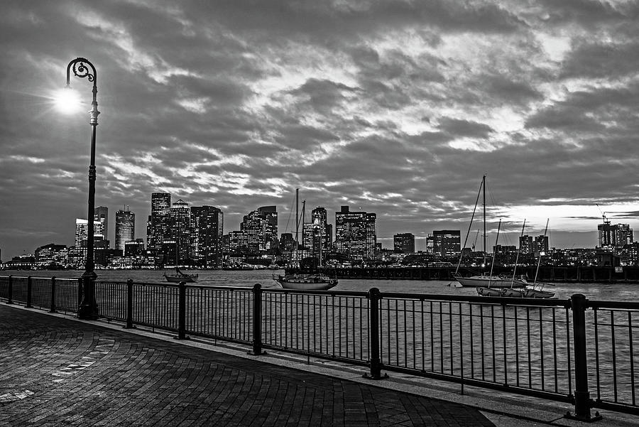 Sunset over Boston from Piers Park East Boston Black and White Photograph by Toby McGuire