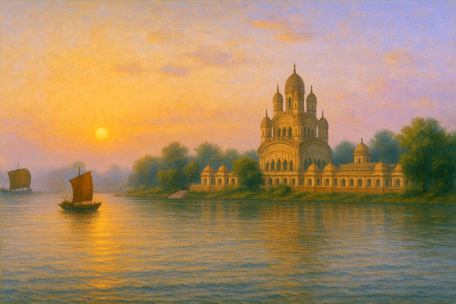 Sunset over Dakshineswar Kali Temple on the Ganga with Boats Digital Art by Atma Jyoti Ashram Sunset over Dakshineswar Kali Temple on the Ganga with Boats Digital Art by Atma Jyoti Ashram
