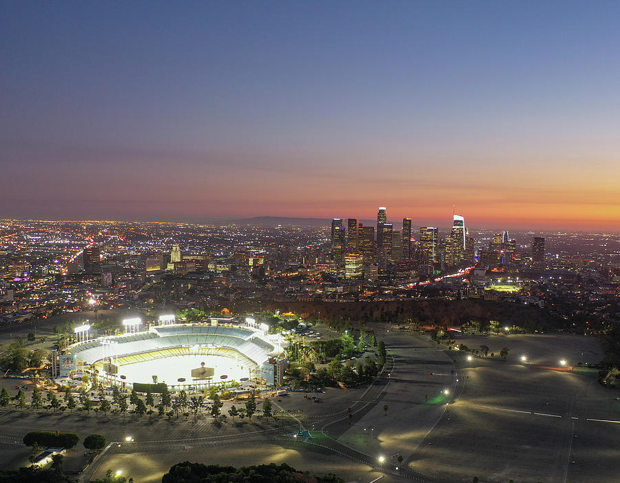 Dodger stadium with Los Angeles in the background by Josh Fuhrman