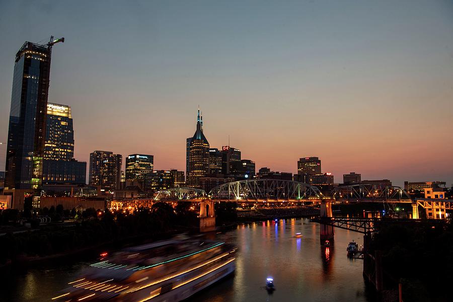 Sunset Over Downtown Nashville and Cumberland River Photograph by Josie Norris