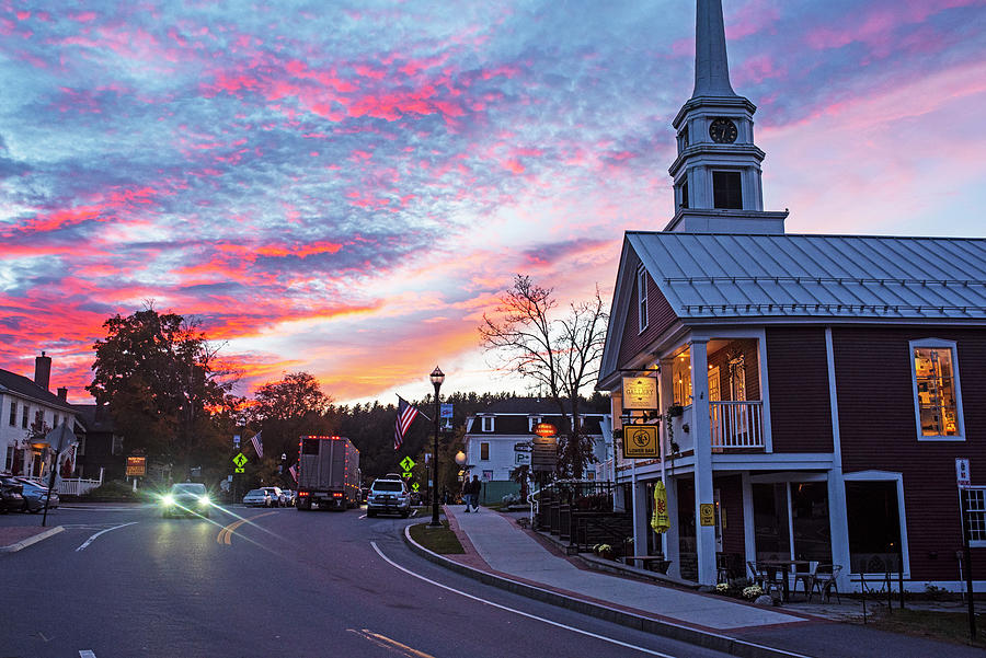 Sunset over Downtown Stowe Vermont Main Street Photograph by Toby McGuire