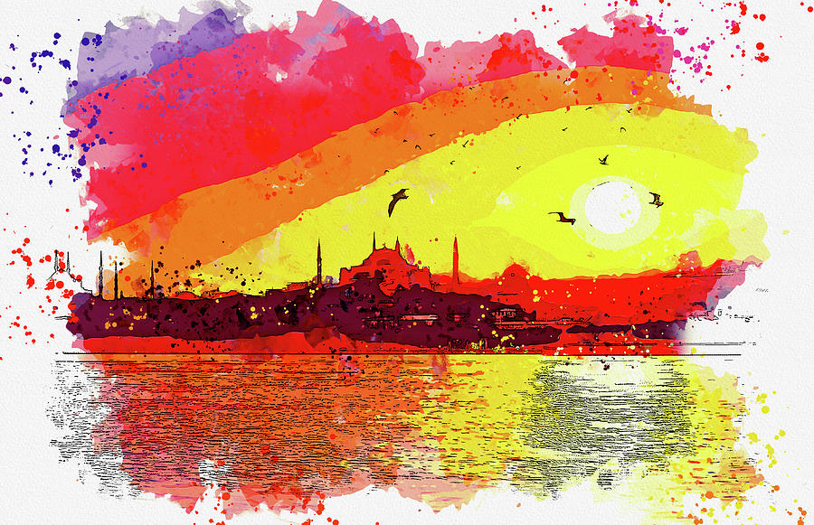 Sunset over Istanbul, Turkey, ca 2021 by Ahmet Asar, Asar Studios Painting by Celestial Images