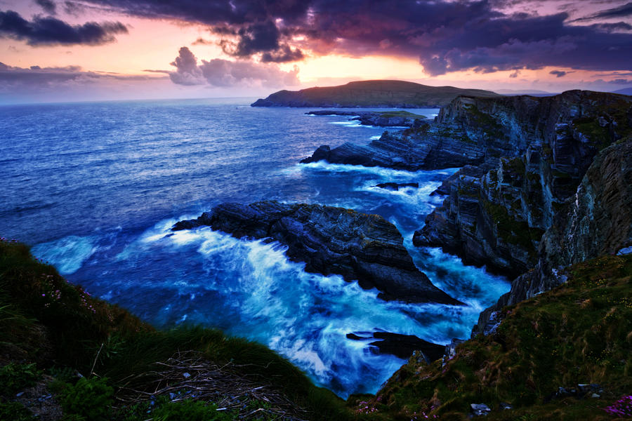 Sunset over Kerry Cliffs along Skellig Ring, long exposure on surf Photograph by Anna Gorin