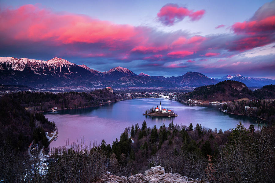 Sunset over Lake Bled from Ojstrica Photograph by Ian Middleton