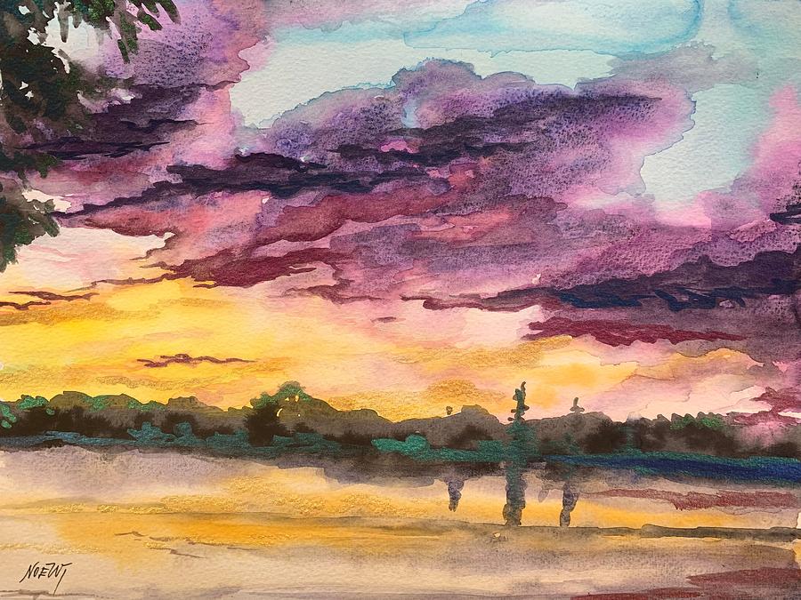 Sunset Painting - Sunset Over Lake by Jindra Noewi