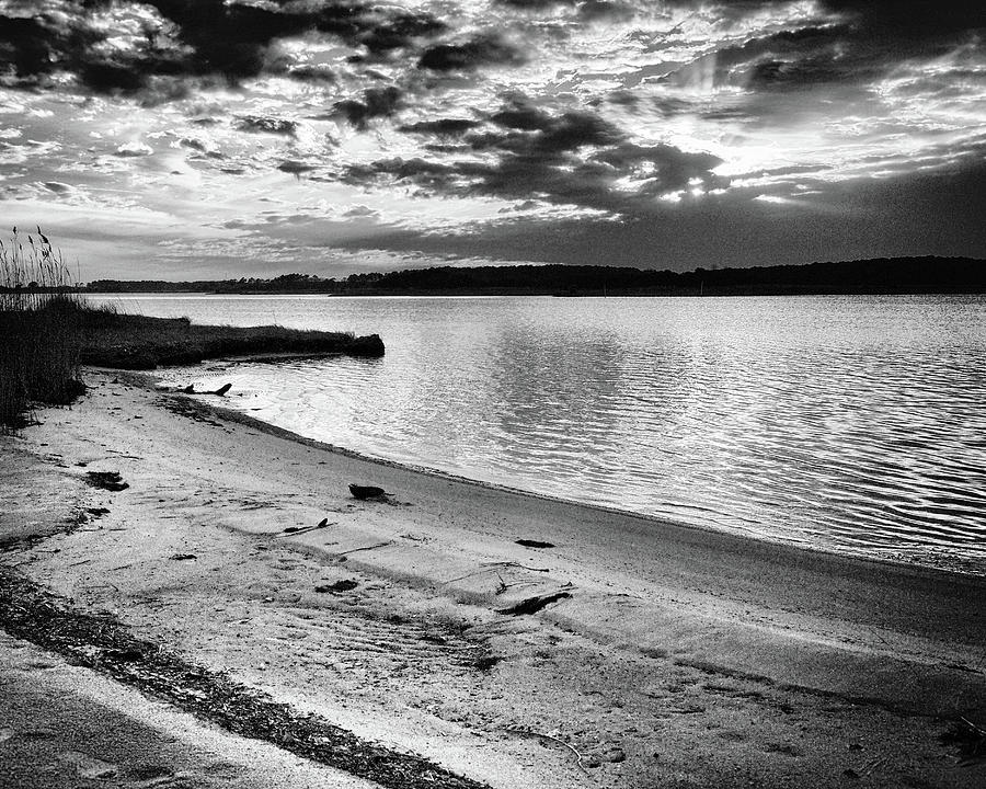 Sunset Over Little Assawoman Bay in Black and White Photograph by Bill Swartwout