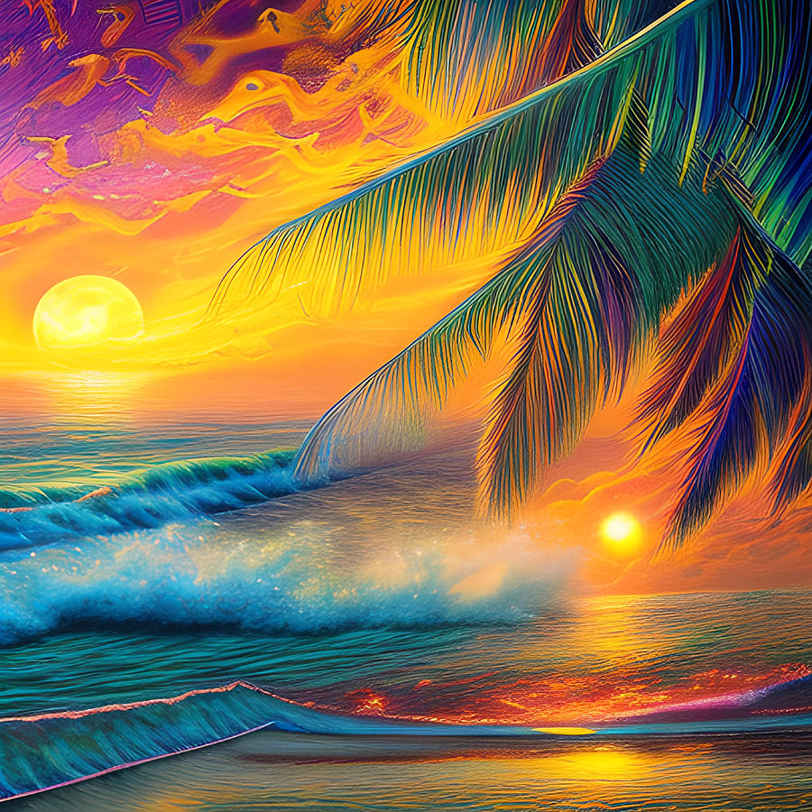 Sunset over Ocean Beach and Palm Trees Oil Piant Painting by Artop Shop ...