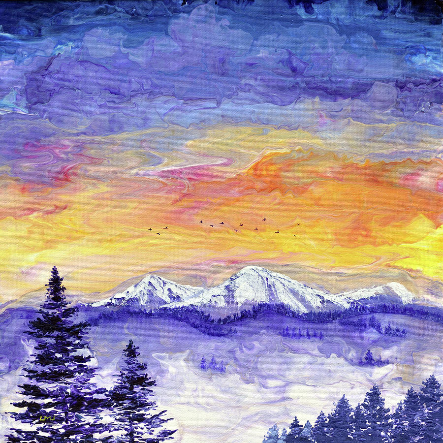 Sunset over Pacific Northwest Snowy Mountains Painting by Laura Iverson