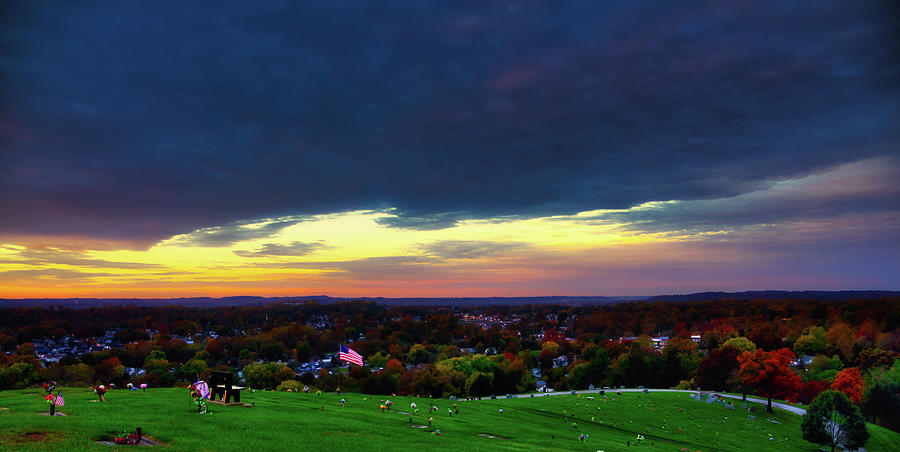 Sunset over Parkersburg Cemetery Photograph by Jonny D
