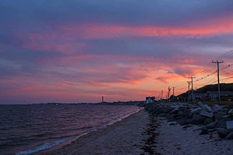 Sunset over Provincetown MA Pilgrim Monument Commercial St from Bayside Beach Photograph by Toby McGuire