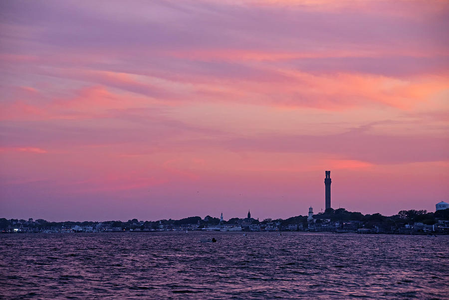Sunset over Provincetown MA Pilgrim Monument from Bayside Beach Close Photograph by Toby McGuire