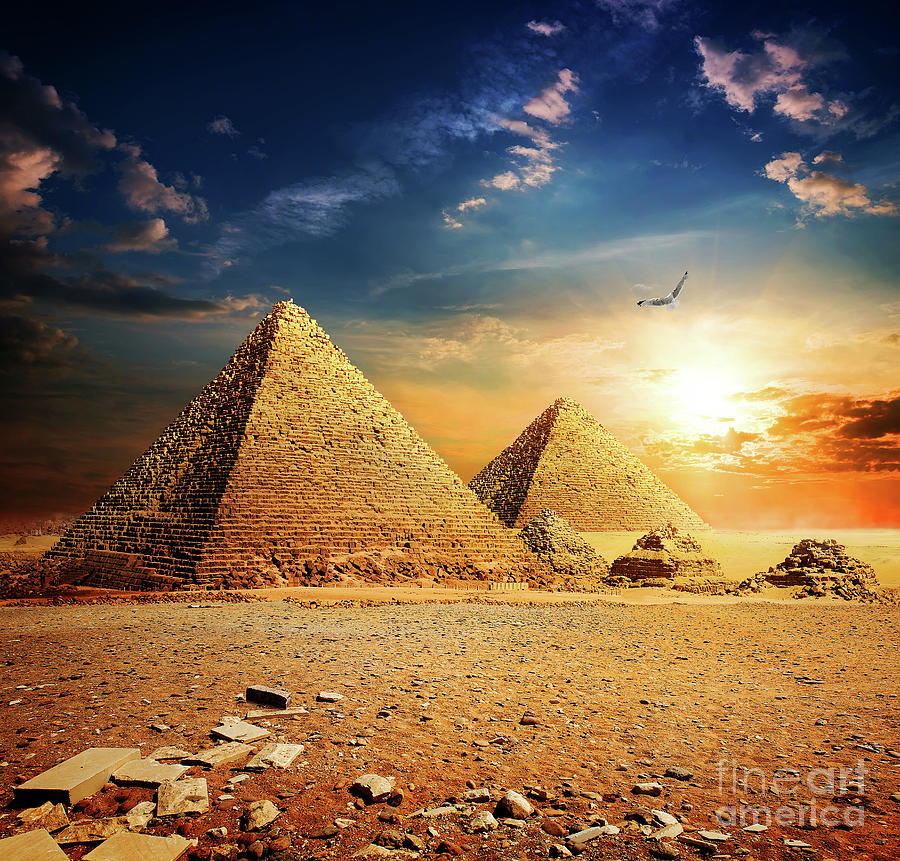 Sunset over pyramids in Egypt landscape photo Photograph by Thomas Jones