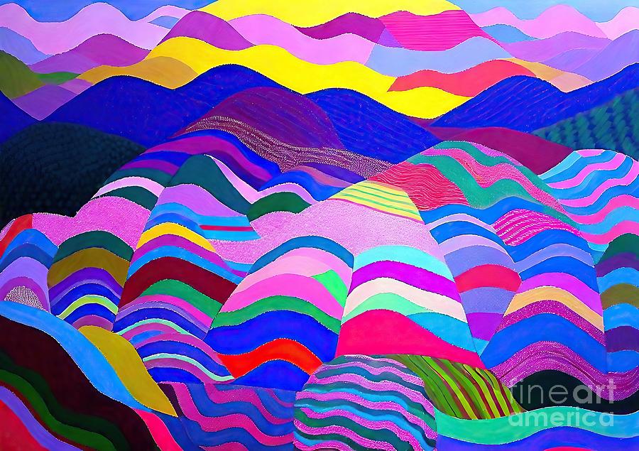 Abstract Painting - SUNSET OVER ROLLING HILLS  PATCHWORK FIELDS Painting abstract landscape stylized landscape patterns in landscape patchwork fields sunset over lake shapes and patterns 3d abstract alien alien planet by N Akkash